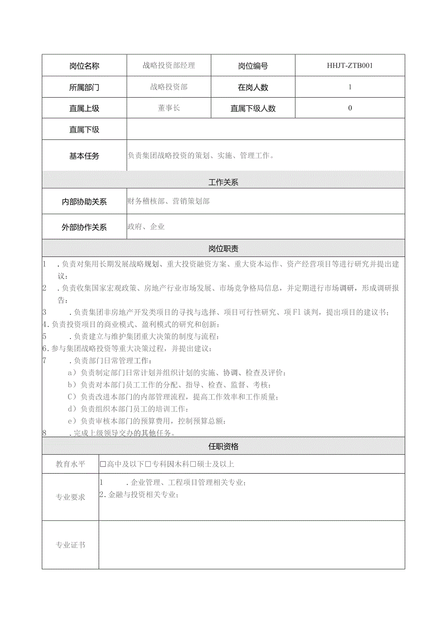 地产集团总公司战略投资部经理岗位说明书.docx_第1页