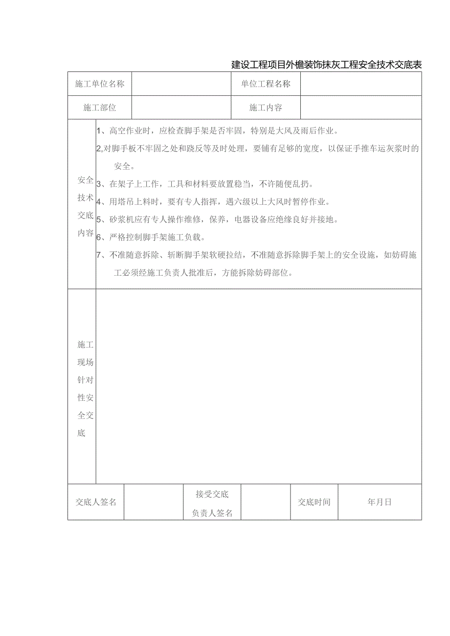 建设工程项目外檐装饰抹灰工程安全技术交底表.docx_第1页