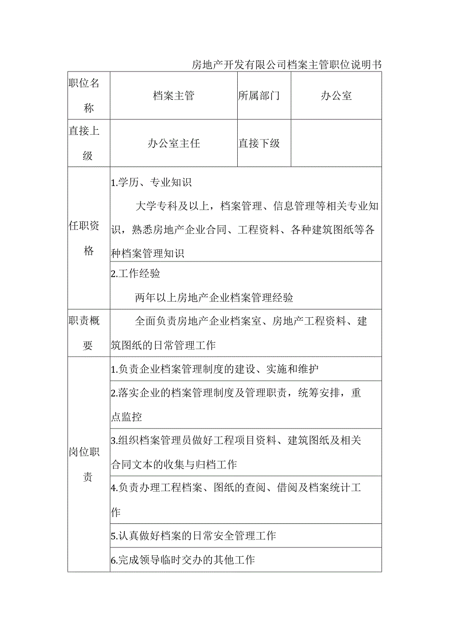 房地产开发有限公司档案主管职位说明书.docx_第1页