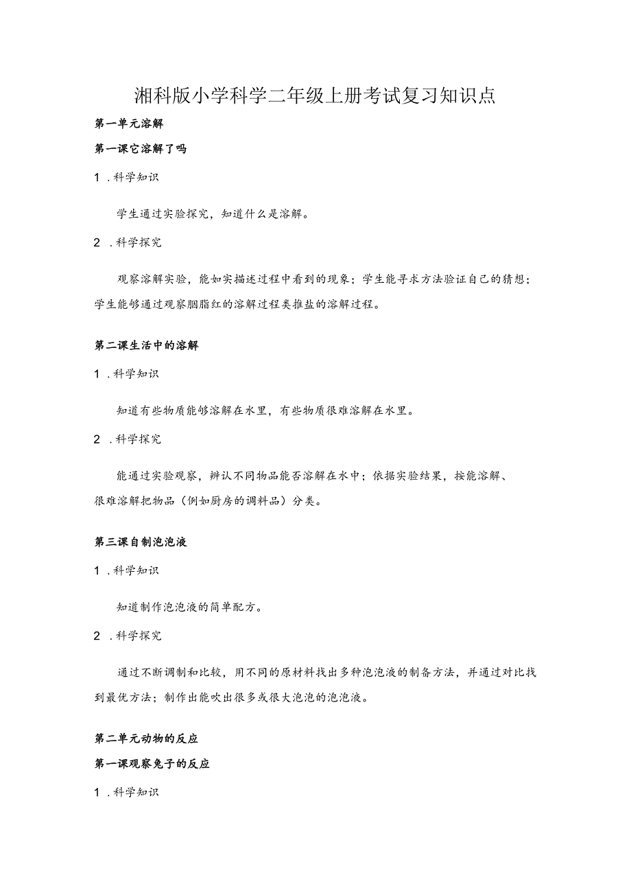 湘科版小学科学二年级上册考试复习知识点.docx_第1页