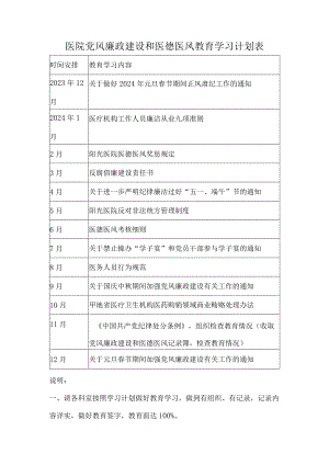 医院党风廉政建设和医德医风教育学习计划表.docx