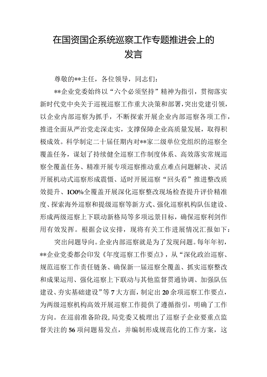 在国资国企系统巡察工作专题推进会上的发言.docx_第1页