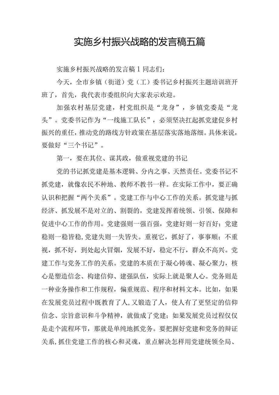 实施乡村振兴战略的发言稿五篇.docx_第1页