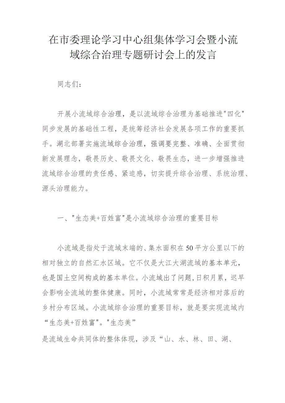 在市委理论学习中心组集体学习会暨小流域综合治理专题研讨会上的发言.docx_第1页