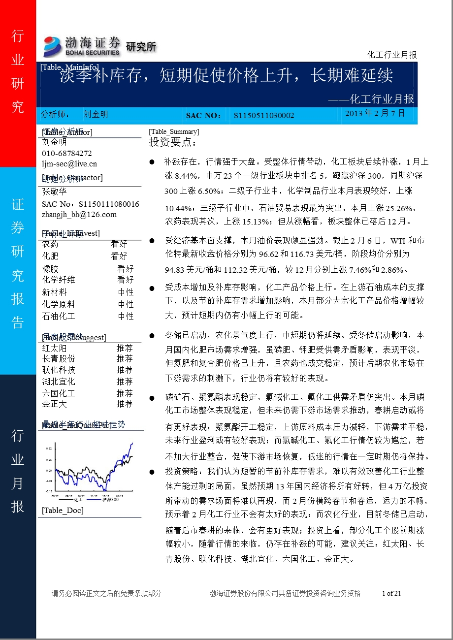 化工行业月报：淡季补库存短期促使价格上升长期难延续130207.ppt_第1页