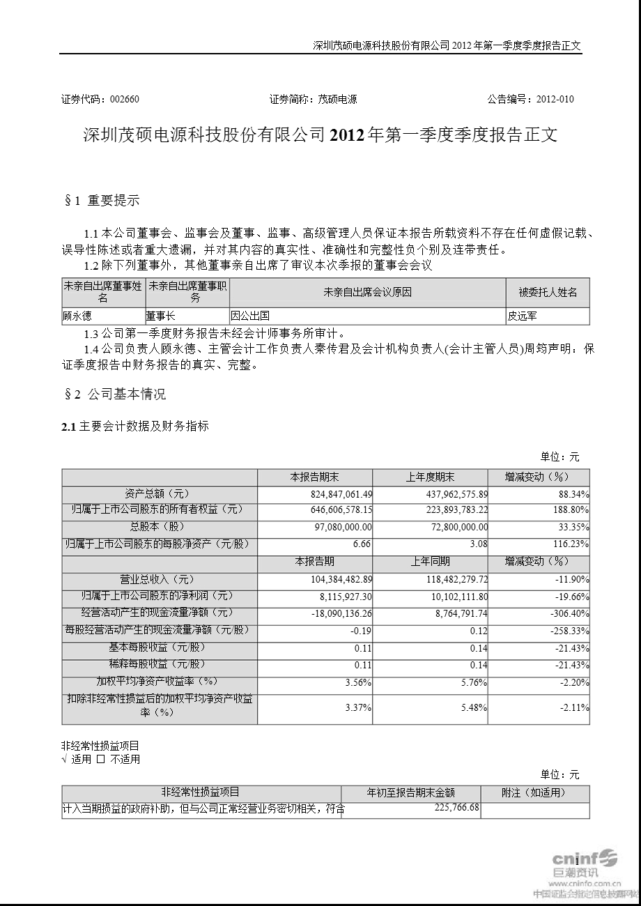 茂硕电源：第一季度报告正文.ppt_第1页