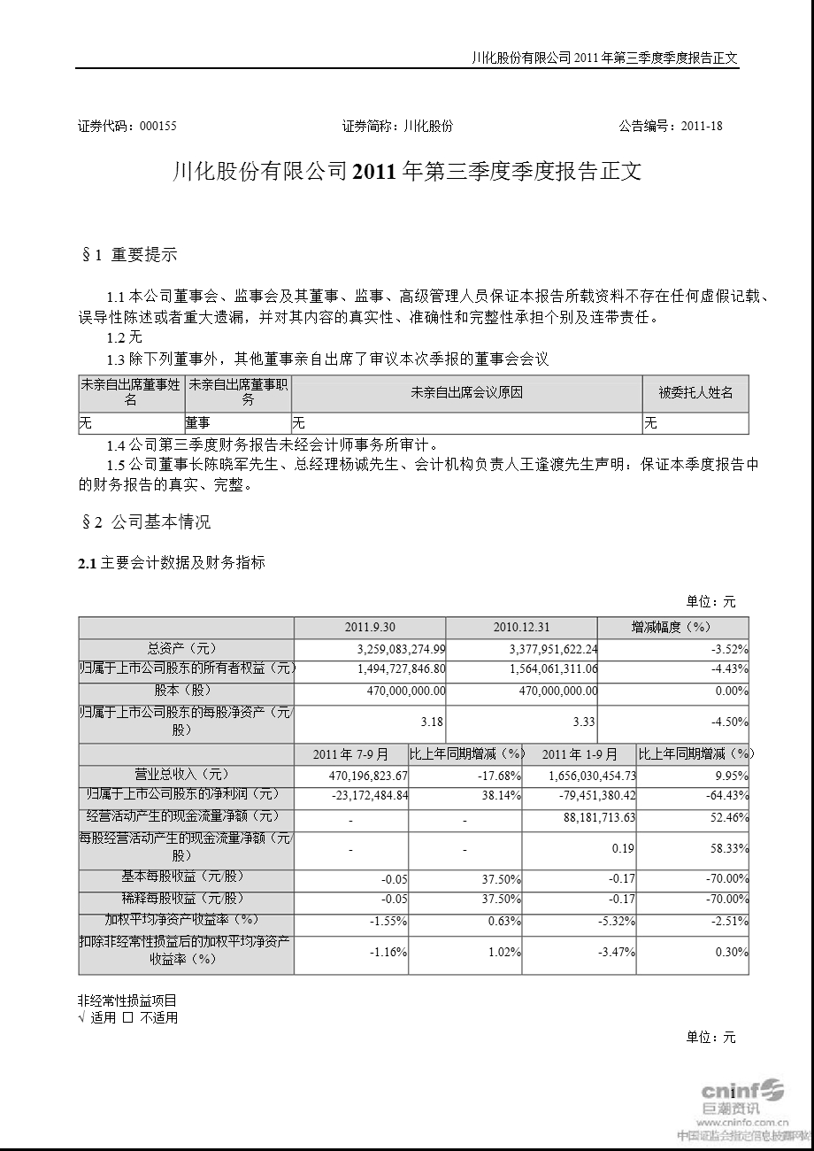 川化股份：第三季度报告正文.ppt_第1页