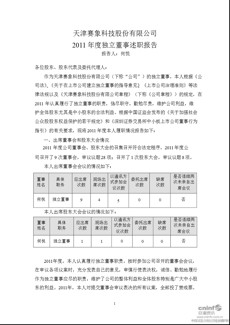 赛象科技：独立董事述职报告.ppt_第1页