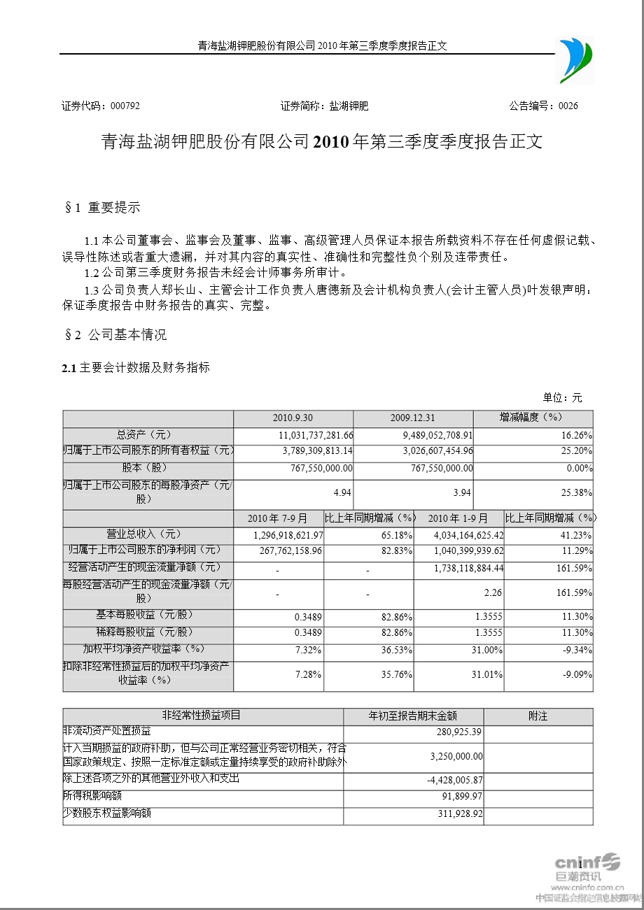 盐湖钾肥：第三季度报告正文.ppt_第1页