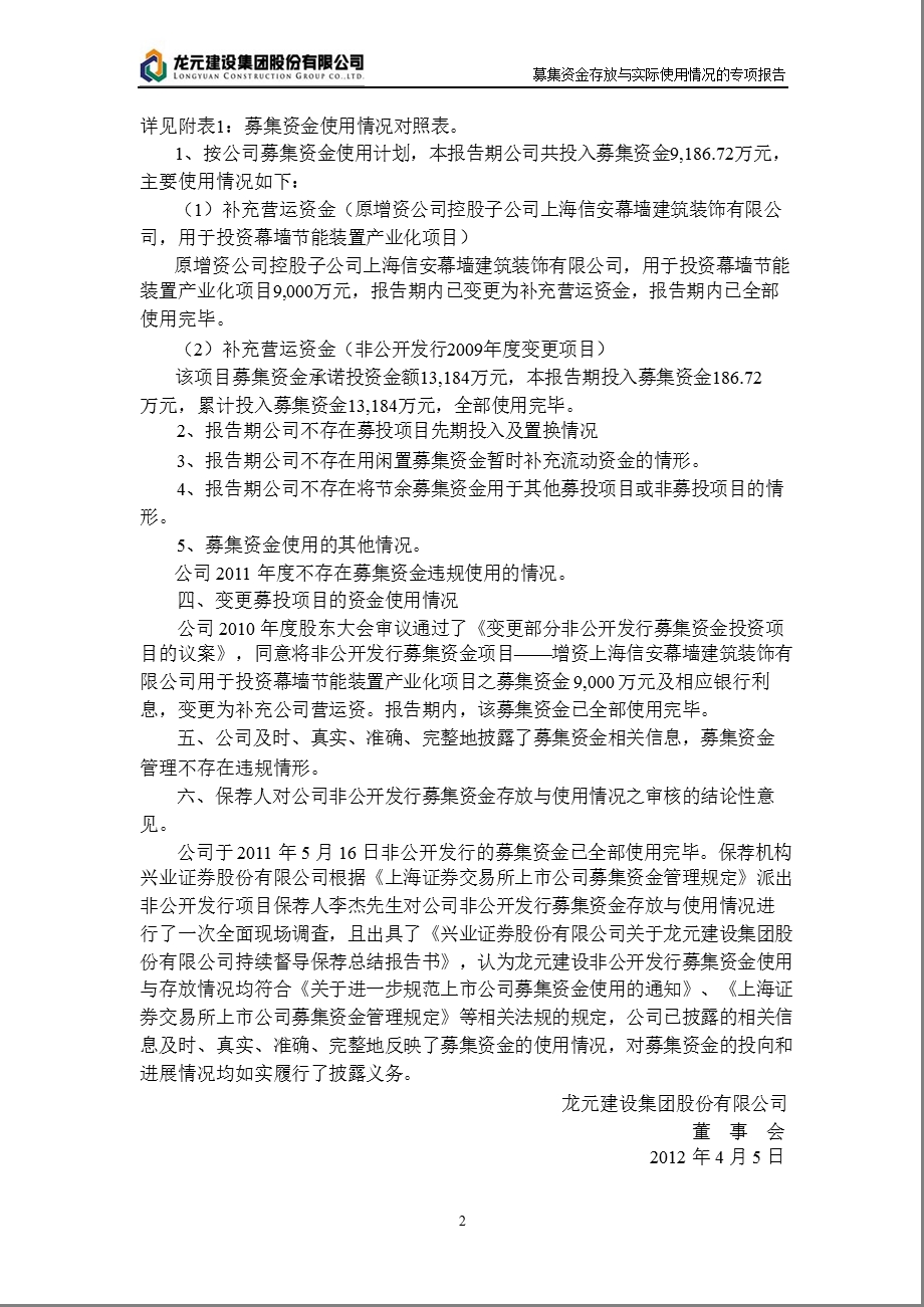 600491 龙元建设关于公司募集资金存放与实际使用情况的专项报告.ppt_第2页