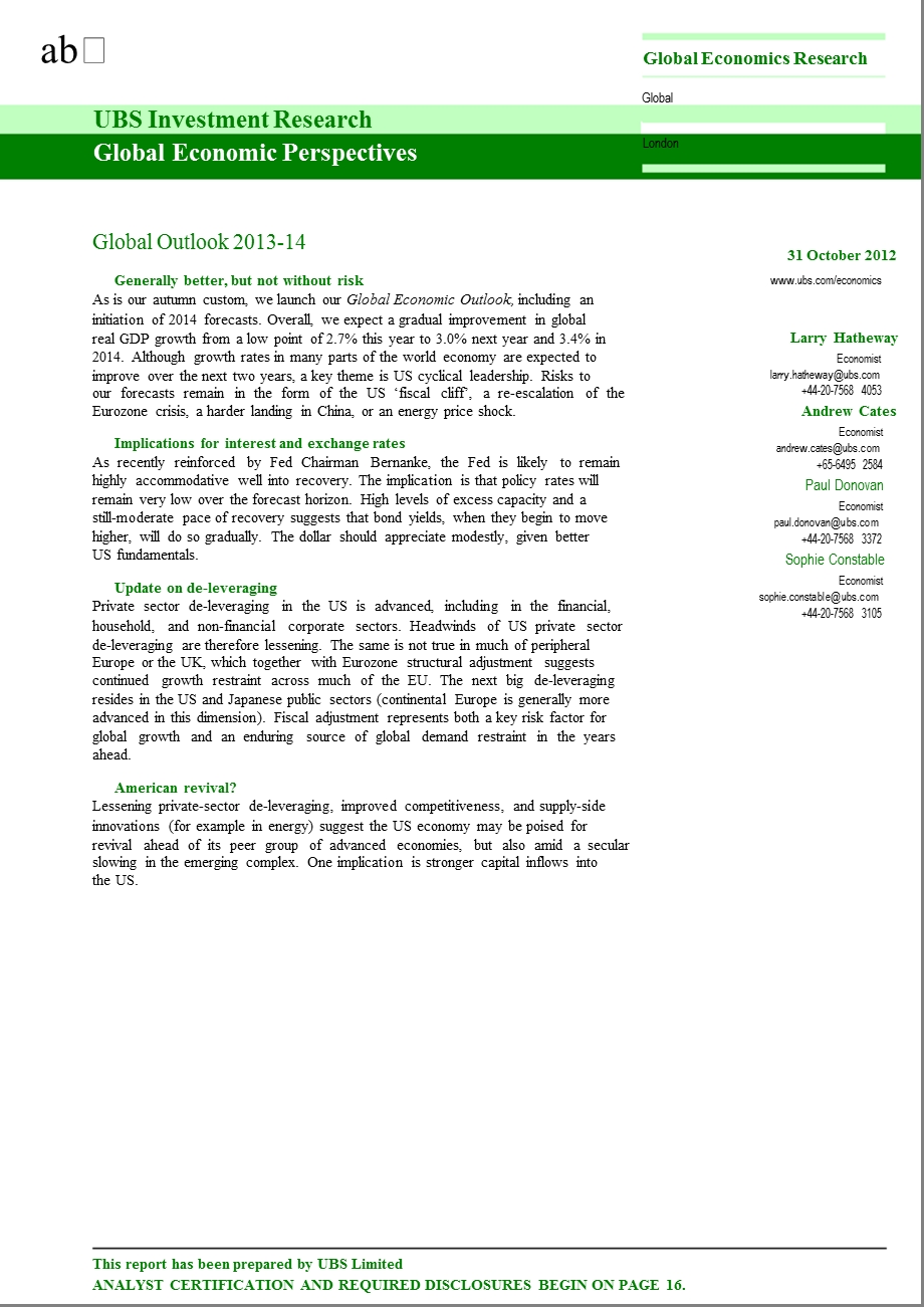 GLOBALECONOMICPERSPECTIVES：GLOBALOUTLOOK141106.ppt_第1页