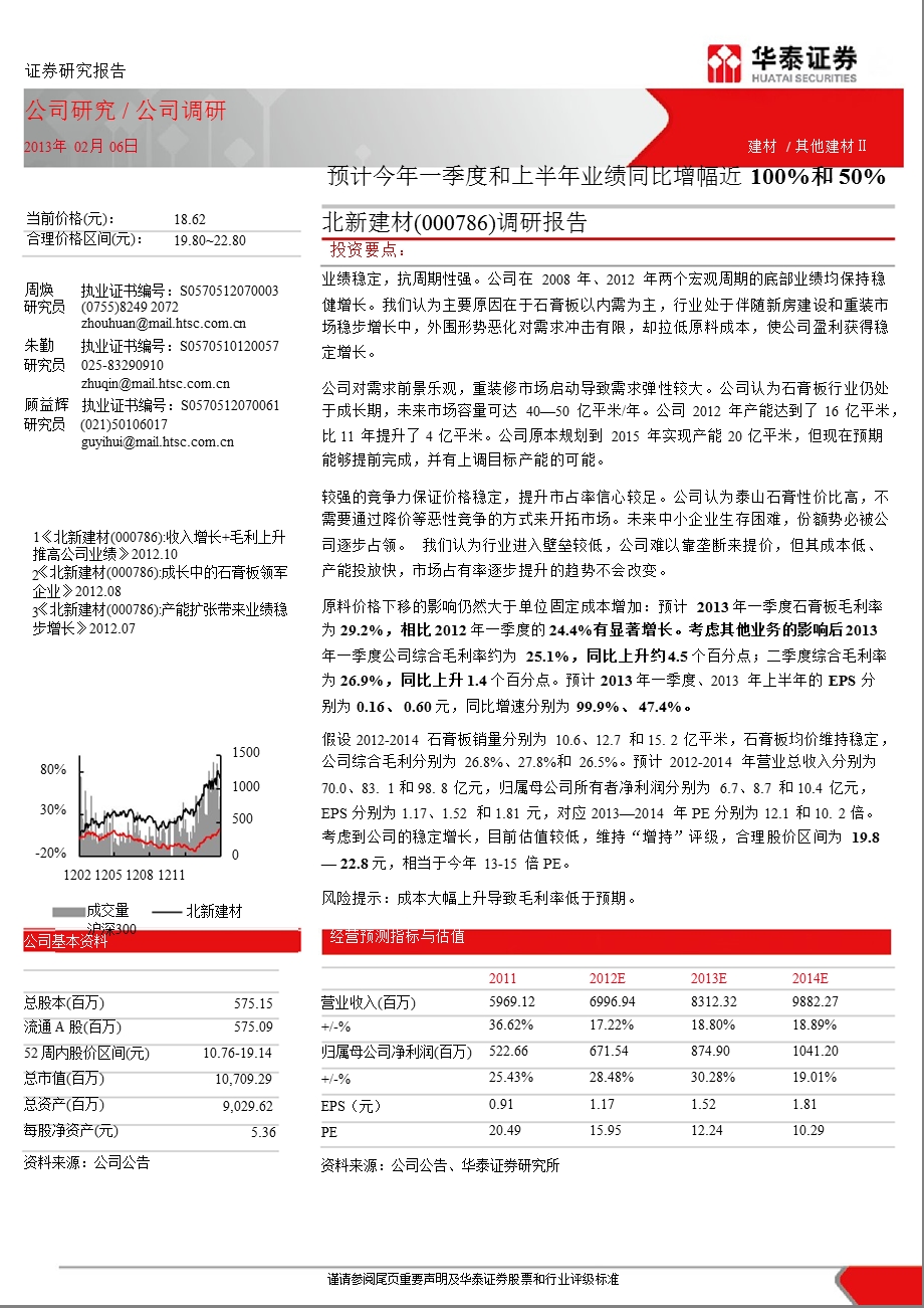 北新建材(000786)调研报告：预计今一季度和上半业绩同比增幅近100%和50%130206.ppt_第1页