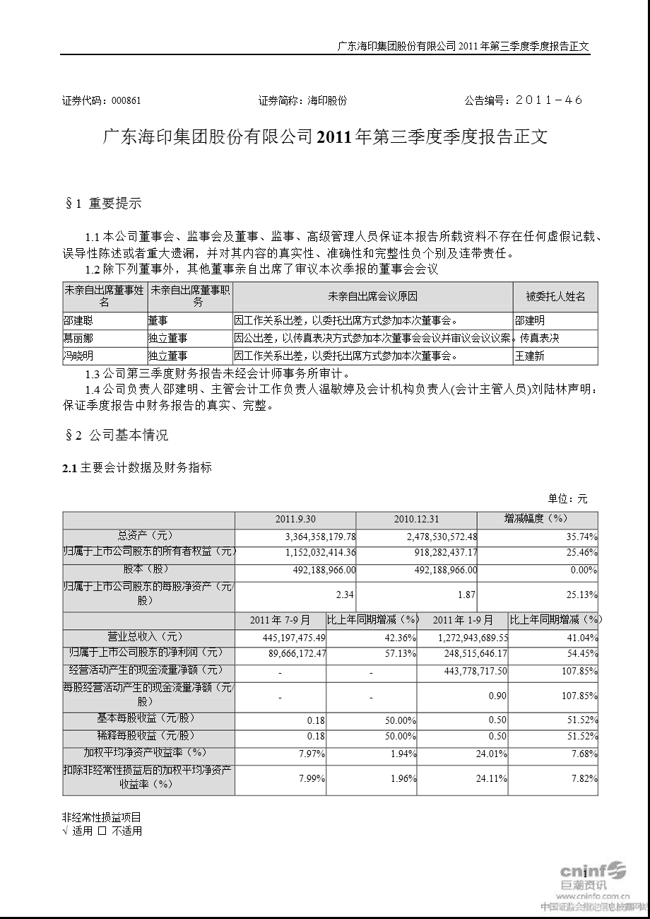 海印股份：2011年第三季度报告正文.ppt_第1页