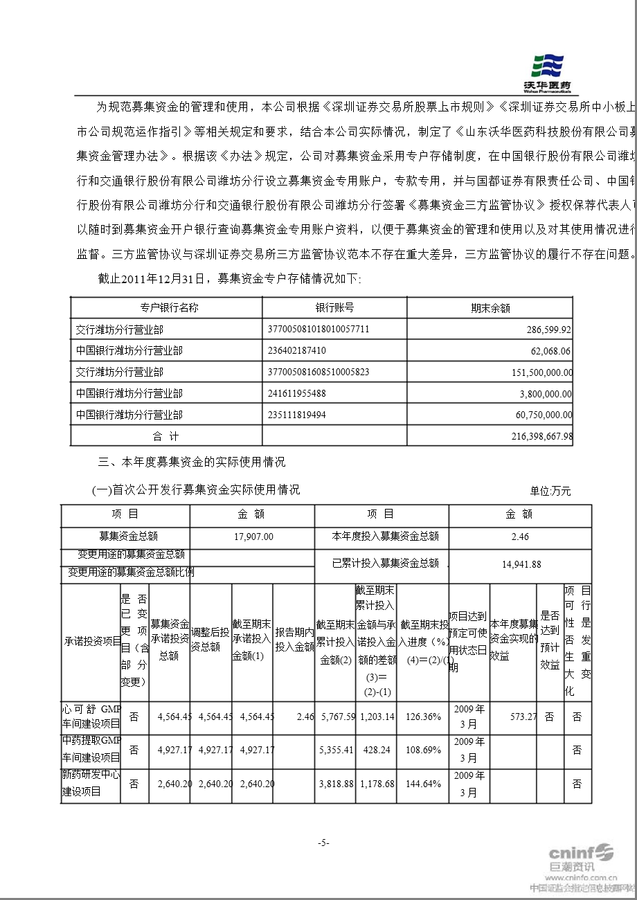 沃华医药：董事会关于募集资金存放与使用情况的专项报告（） .ppt_第3页