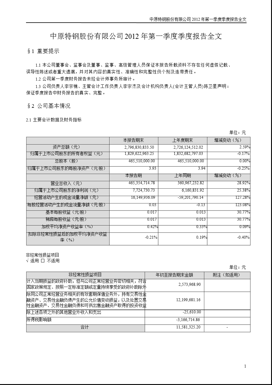 中原特钢：第一季度报告全文.ppt_第1页