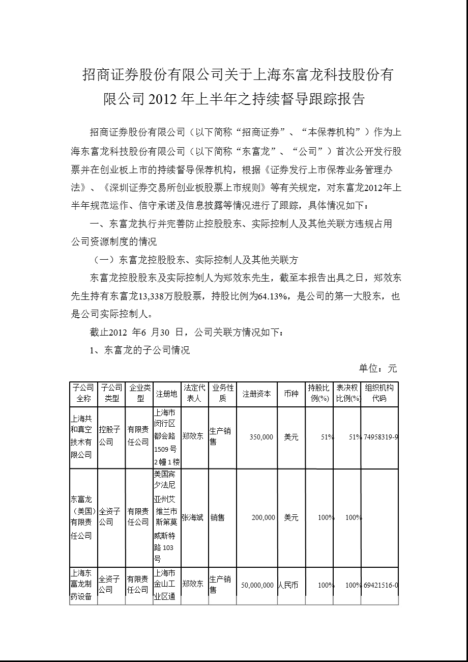 东富龙：招商证券股份有限公司关于公司上半之持续督导跟踪报告.ppt_第1页