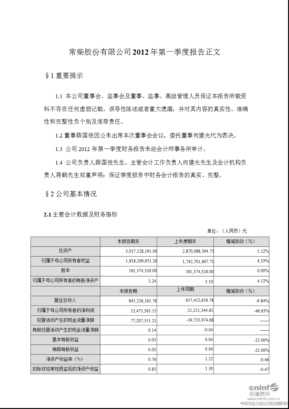 苏常柴Ａ：2012年第一季度报告正文.ppt_第1页