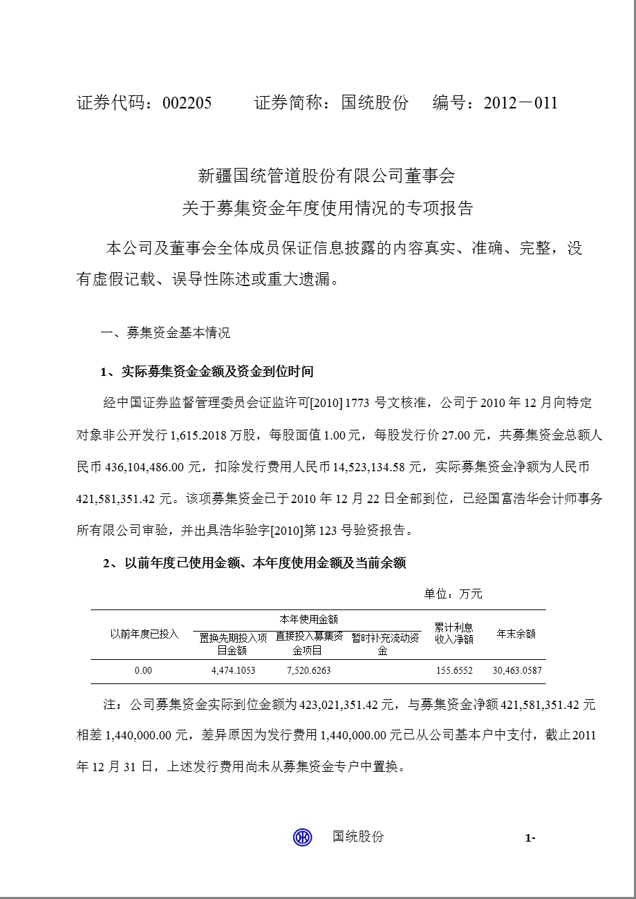 国统股份：董事会关于募集资金使用情况的专项报告.ppt_第1页