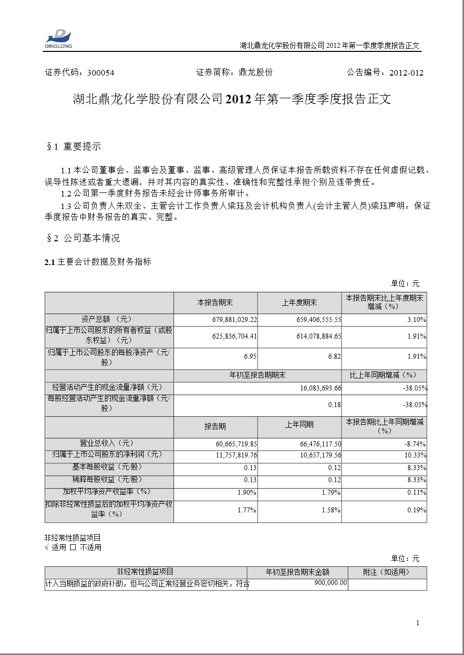 鼎龙股份：第一季度报告正文.ppt_第1页