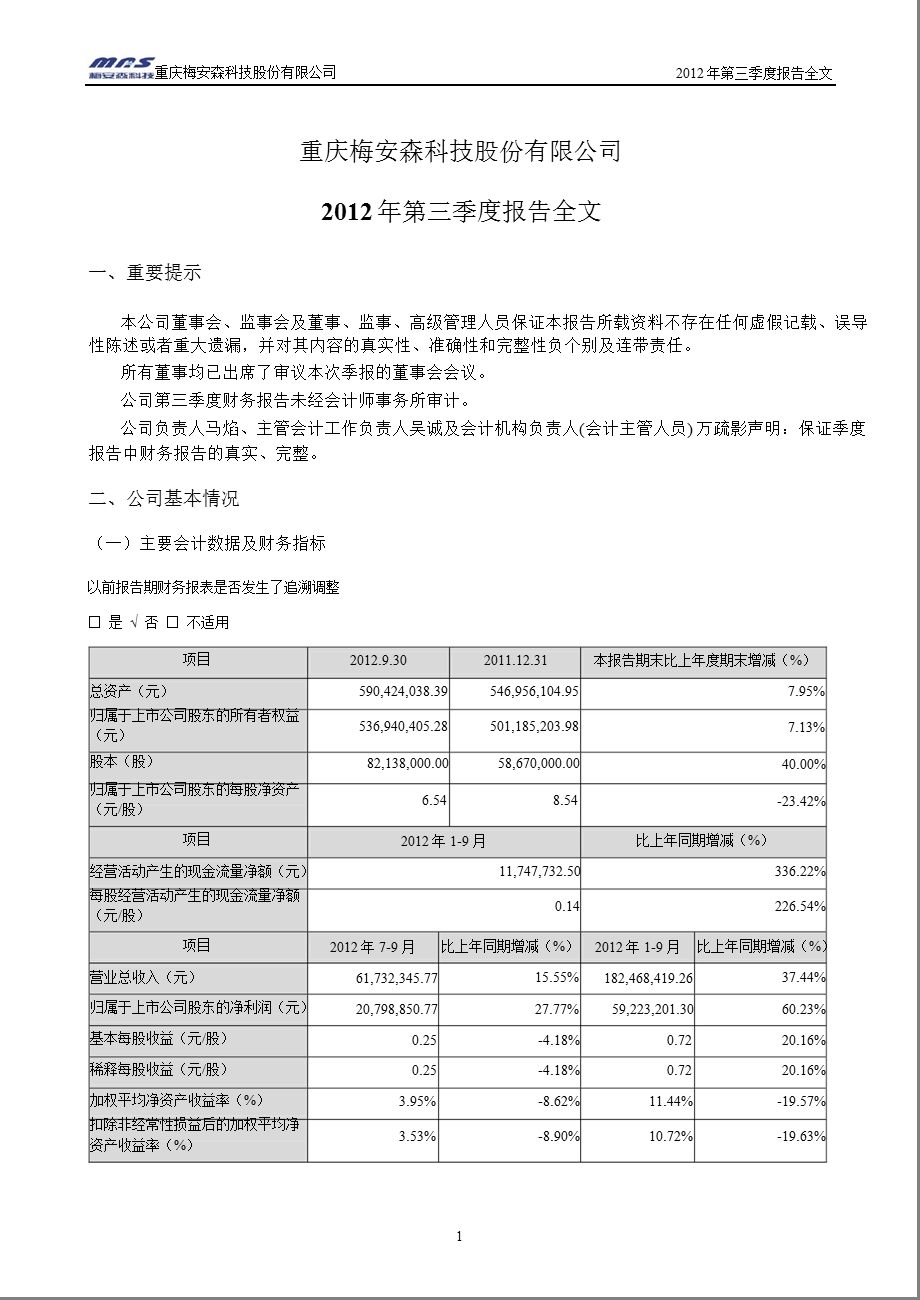 梅安森：2012年第三季度报告全文.ppt_第1页