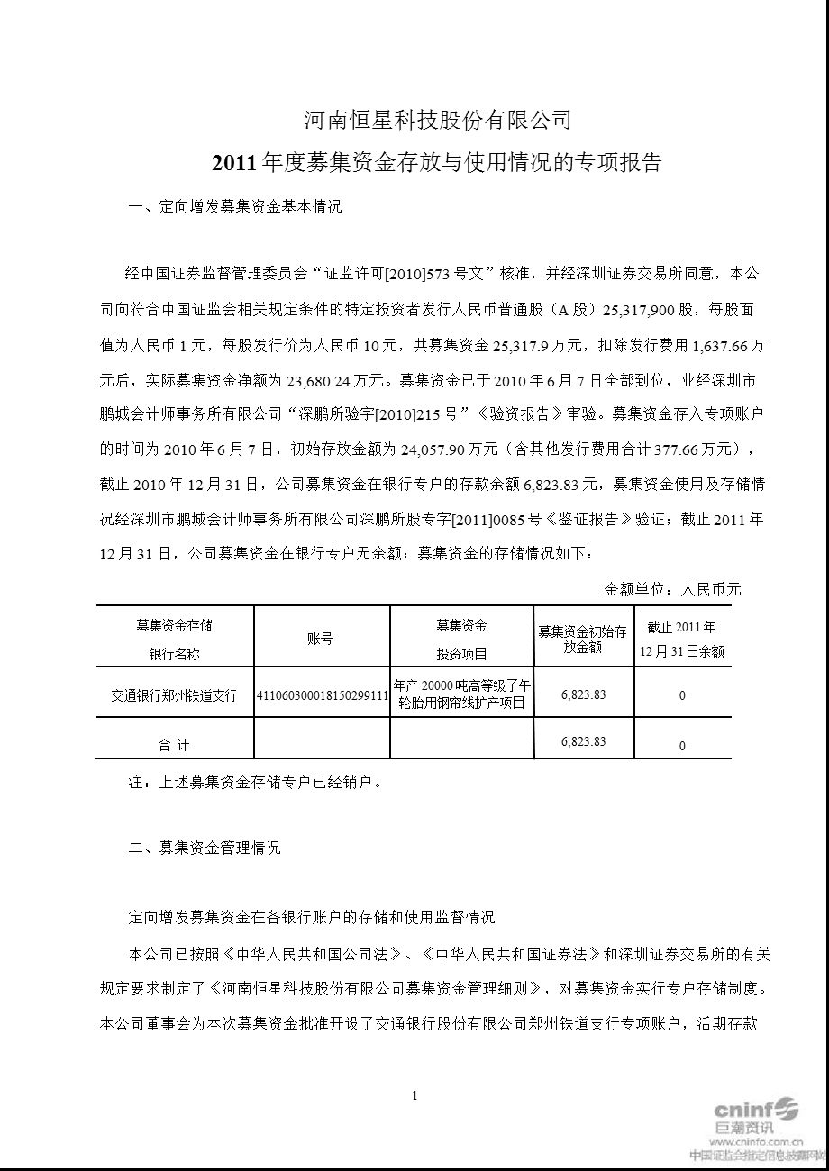 恒星科技：募集资金存放与使用情况的专项报告.ppt_第1页