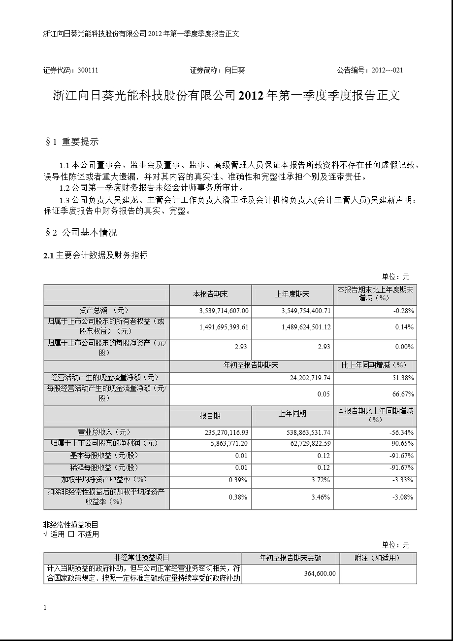 向日葵：第一季度报告正文.ppt_第1页