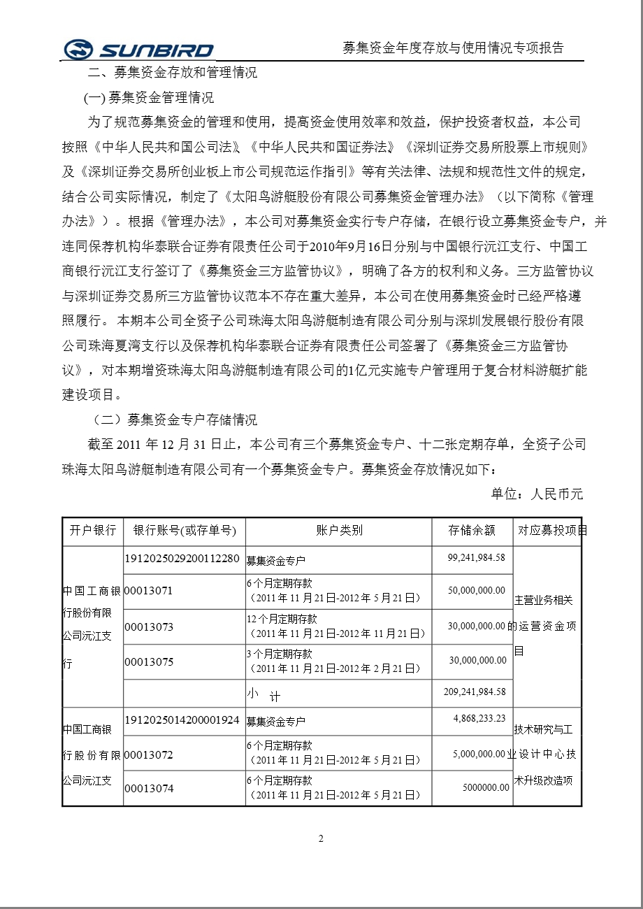 太阳鸟：关于募集资金存放与使用情况的专项报告.ppt_第2页