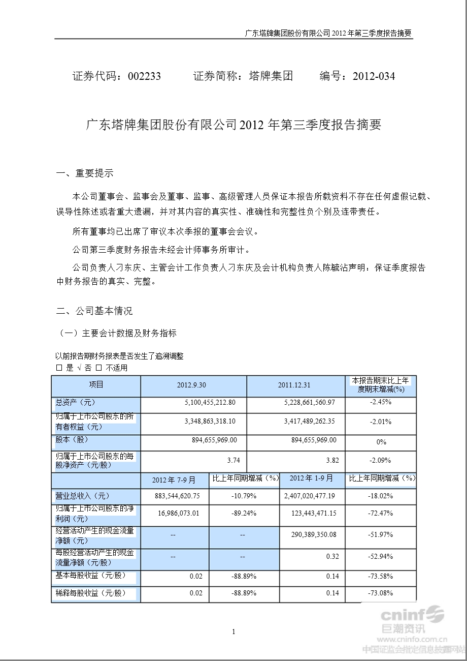 塔牌集团：第三季度报告正文.ppt_第1页