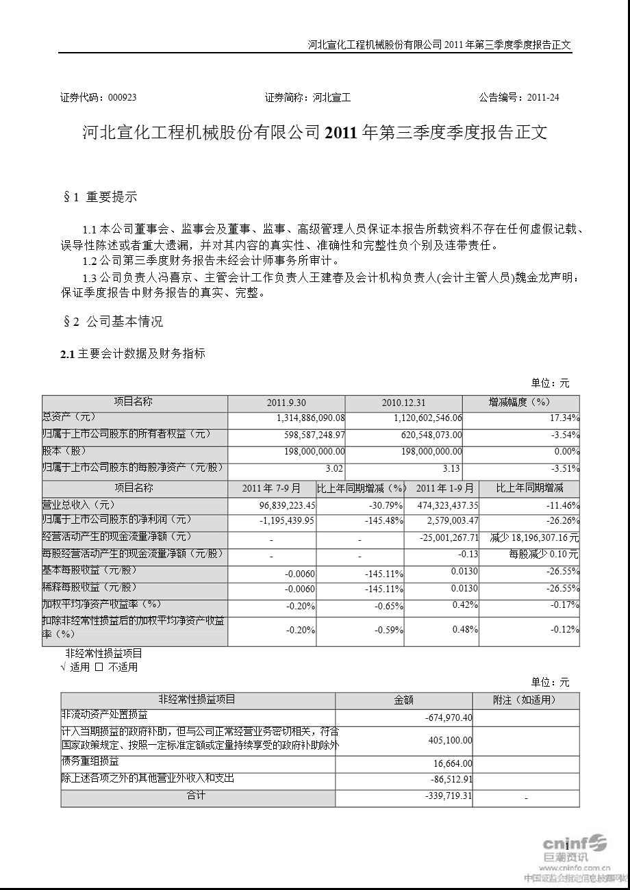 河北宣工：第三季度报告正文.ppt_第1页