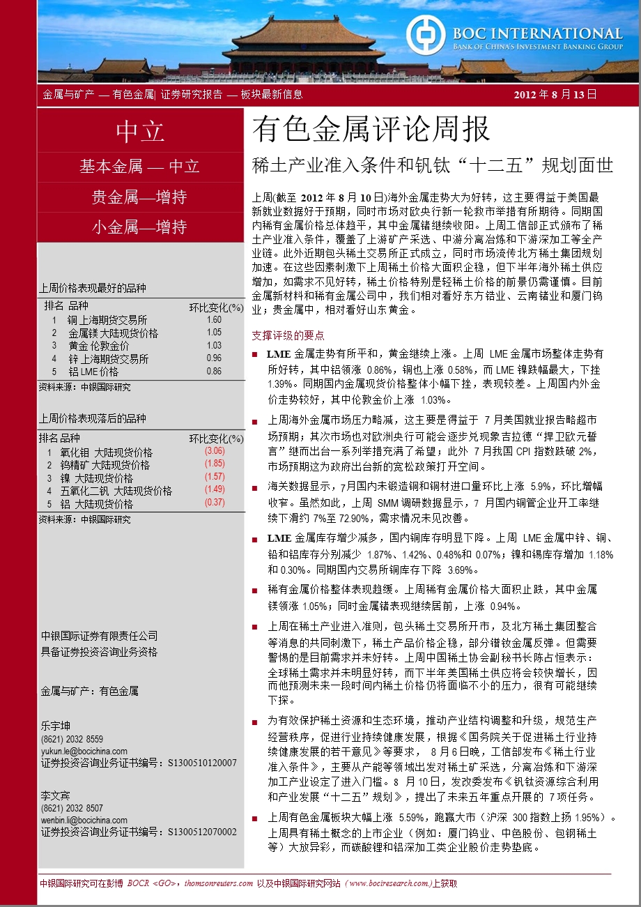 有色金属评论周报：稀土产业准入条件和钒钛“十二五”规划面世0831.ppt_第1页