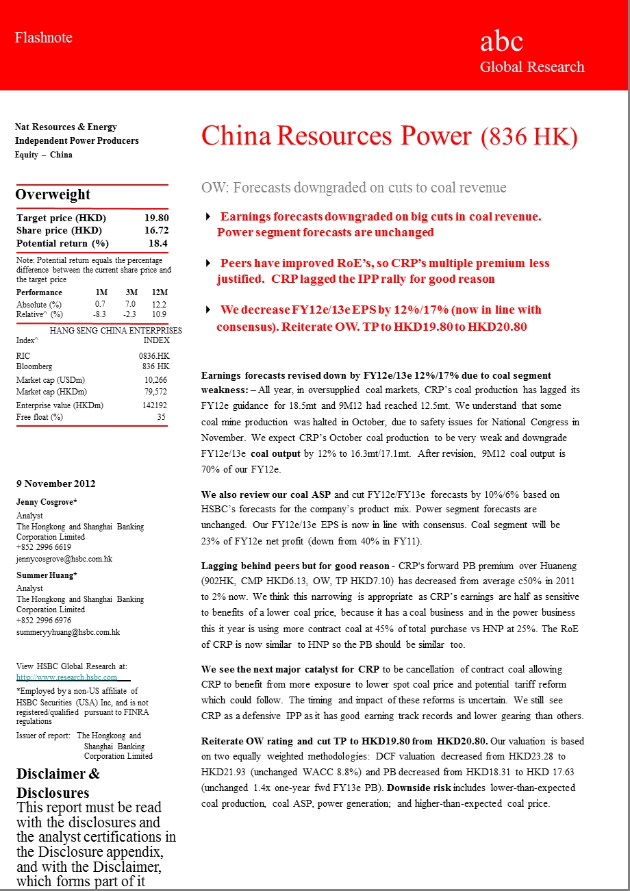 CHINARESOURCESPOWER(836.HK)OW：FORECASTSDOWNGRADEDONCUTSTOCOALREVENUE1214.ppt_第1页