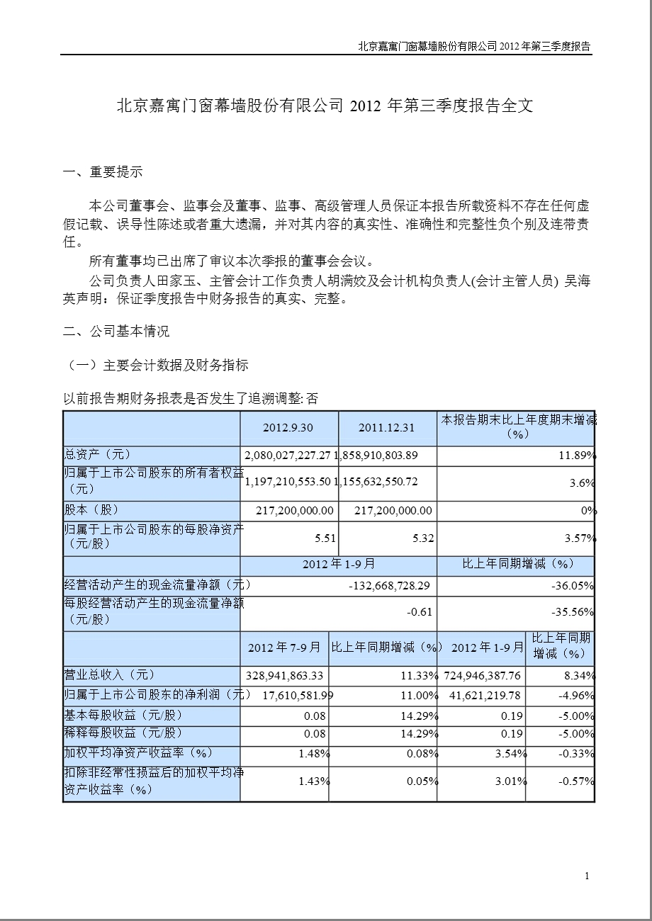 嘉寓股份：第三季度报告全文.ppt_第1页