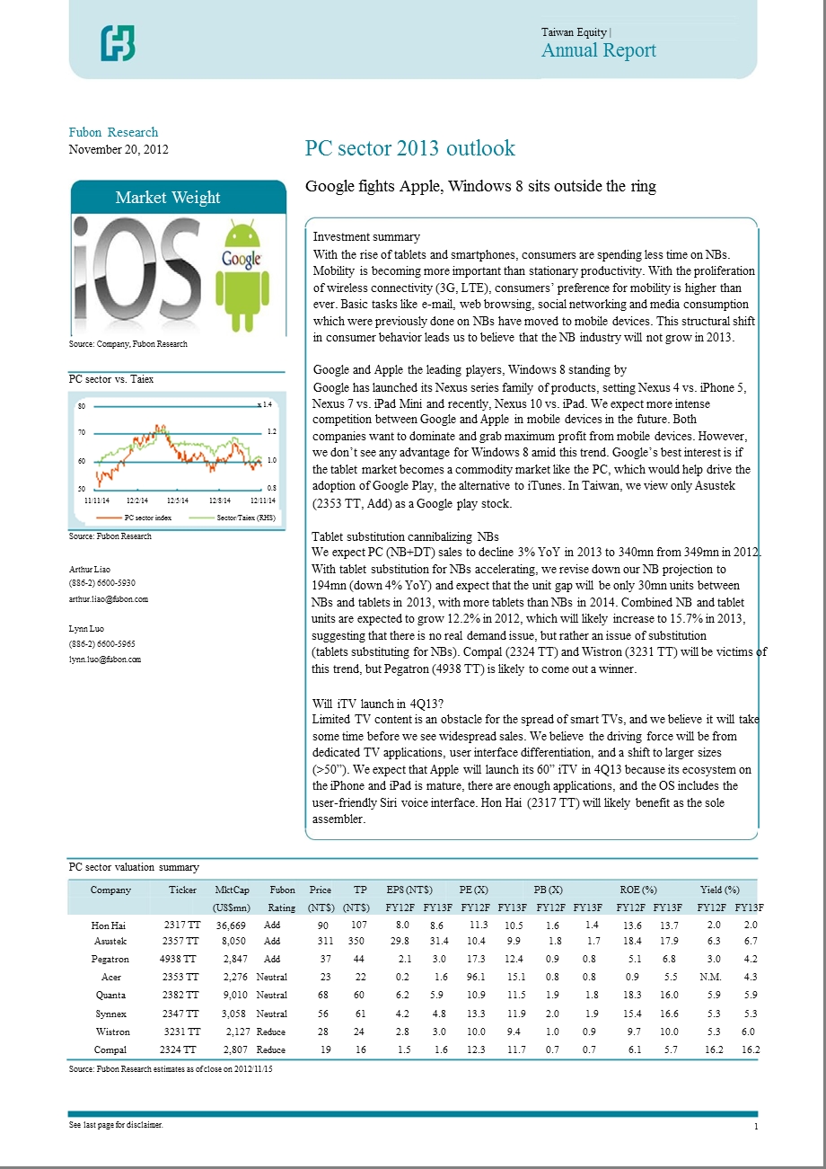 PCSECTOROUTLOOK：GOOGLEFIGHTSAPPLEWINDOWS8SITSOUTSIDETHERING1128.ppt_第1页