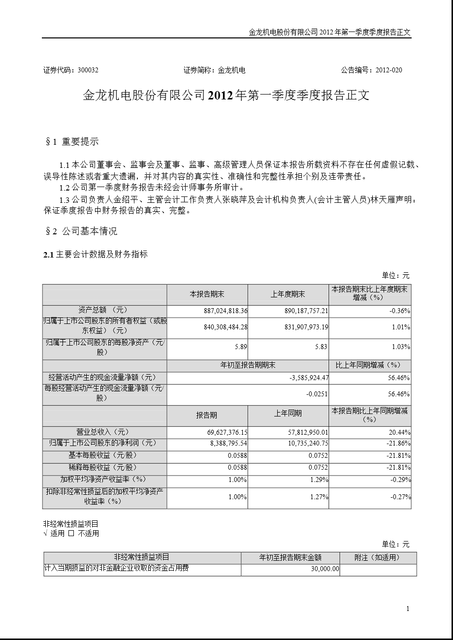 金龙机电：2012年第一季度报告正文.ppt_第1页