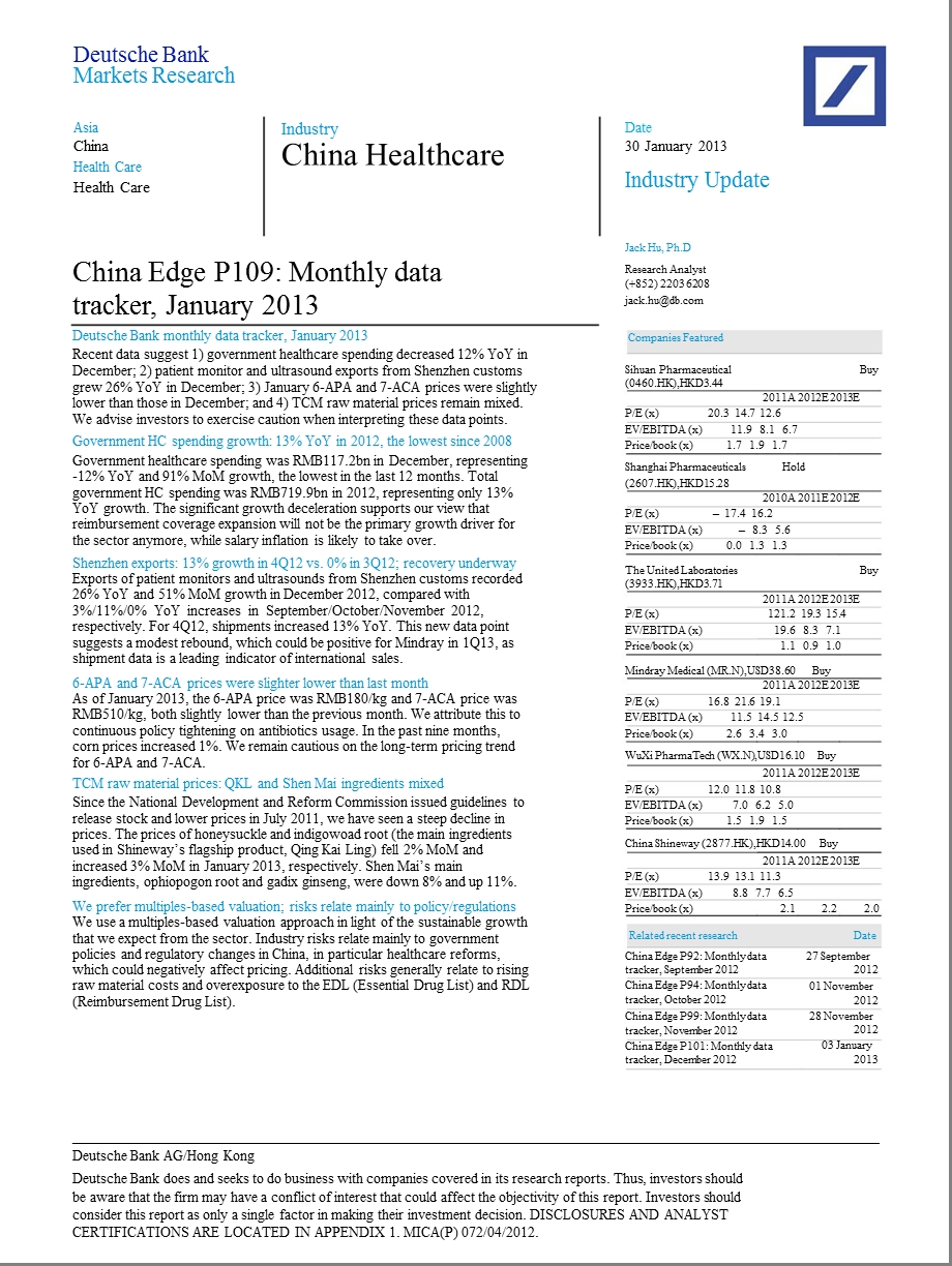 CHINAHEALTHCARE：CHINAEDGEP109：MONTHLYDATATRACKERJANUARY0131.ppt_第1页