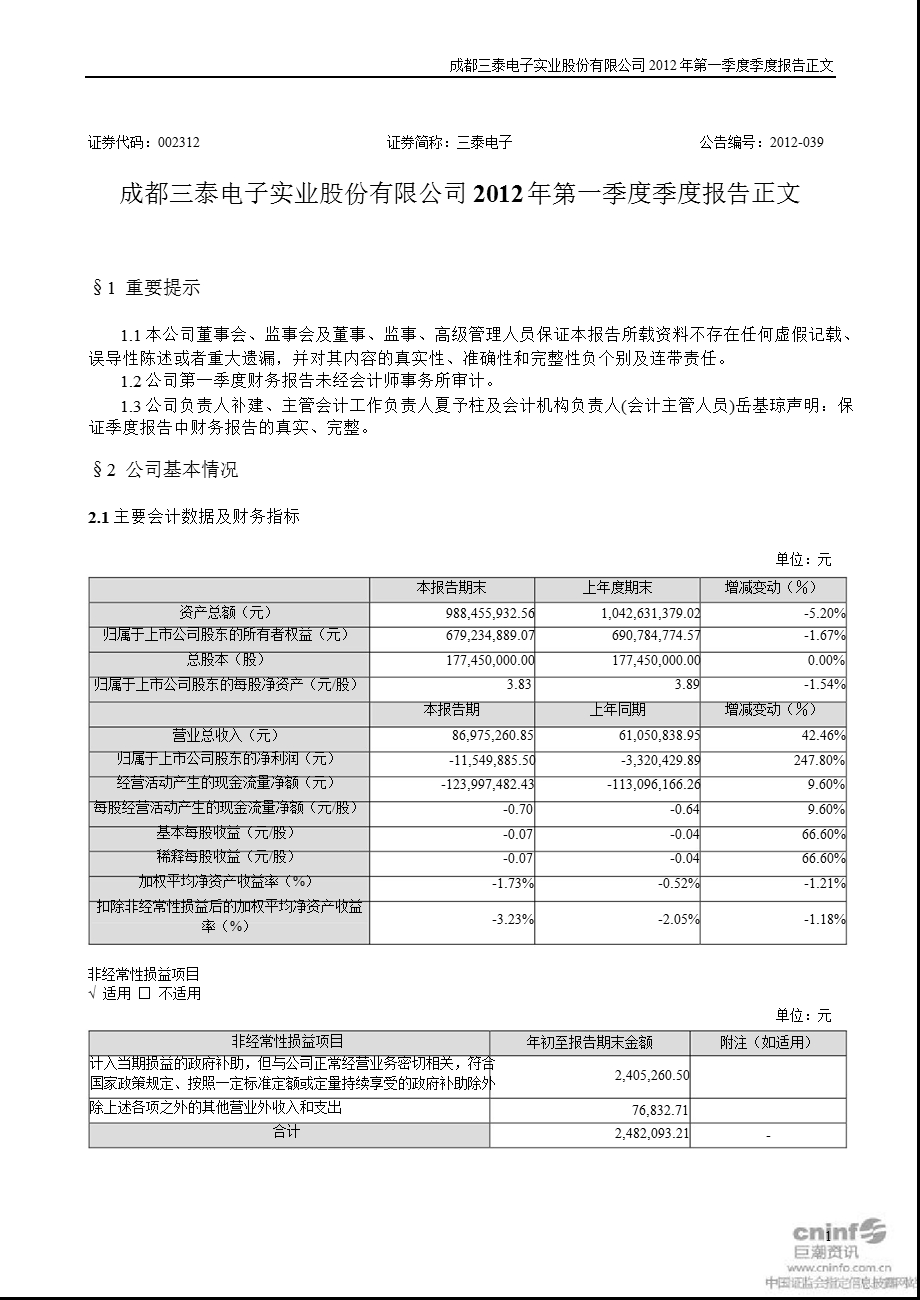 三泰电子：第一季度报告正文.ppt_第1页