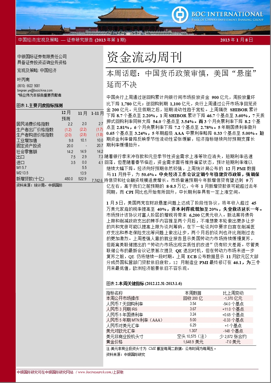 资金流动周刊：本周话题：中国货币政策审慎美国“悬崖”0109.ppt_第1页