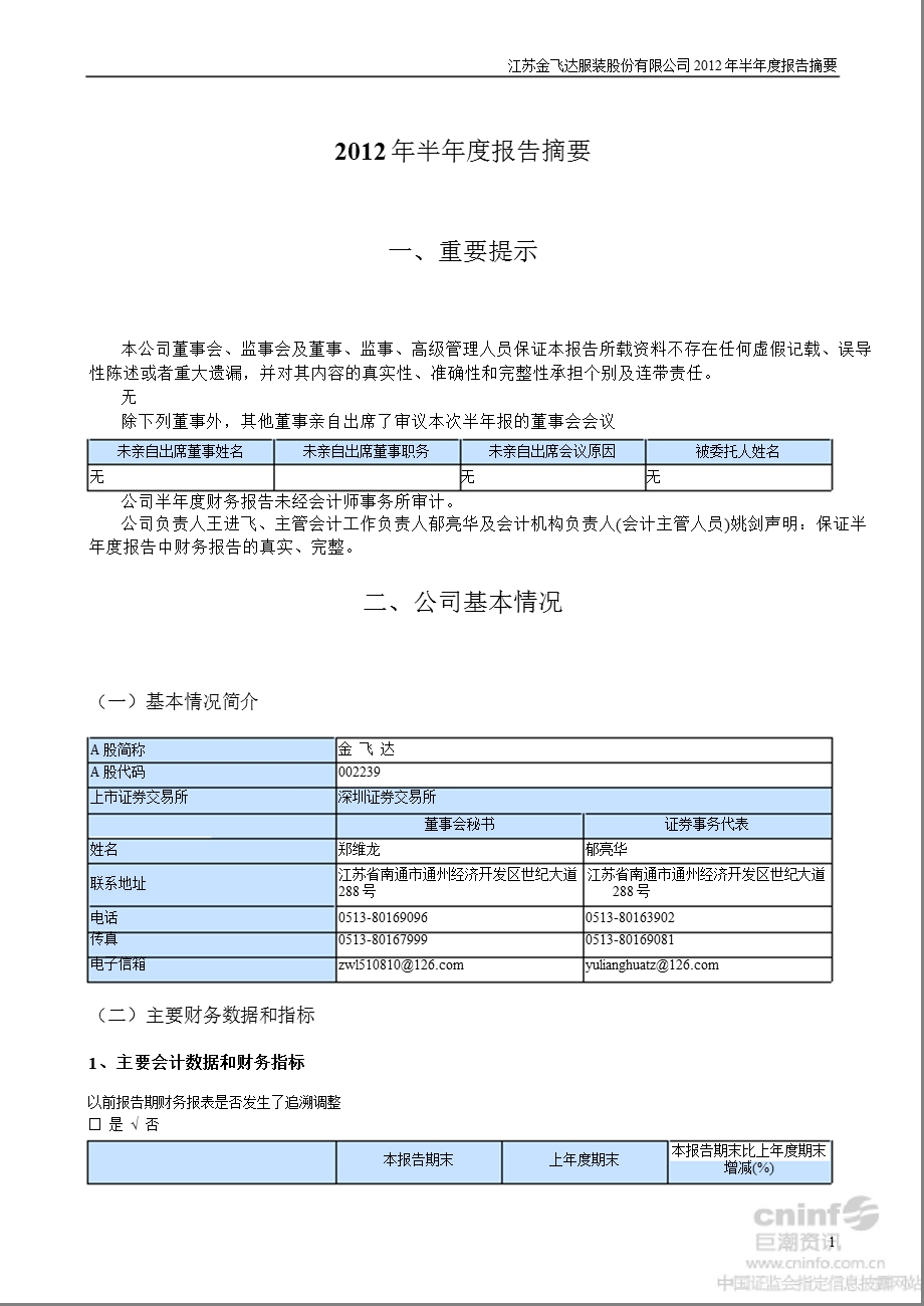 金 飞 达：2012年半年度报告摘要.ppt_第1页