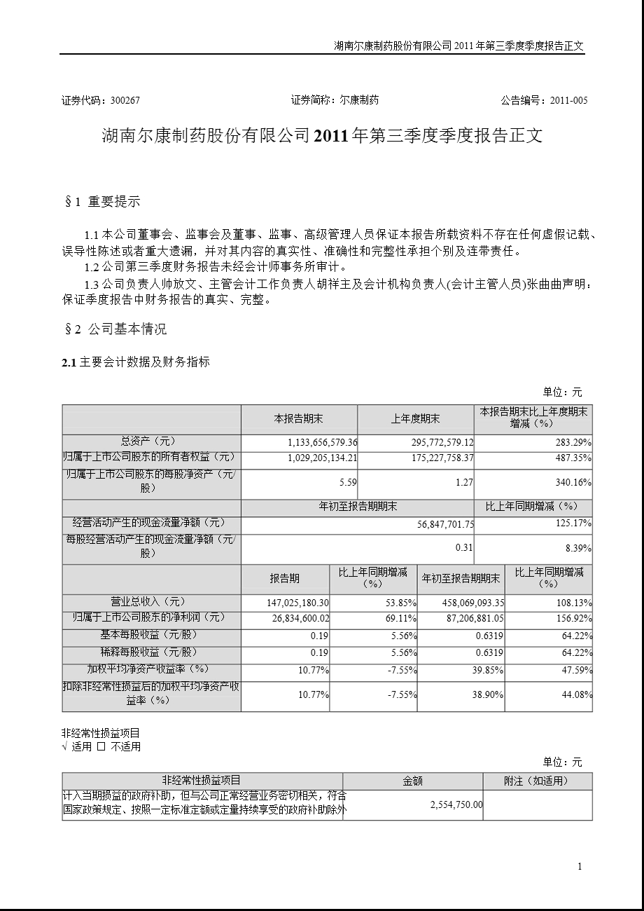 尔康制药：第三季度报告正文.ppt_第1页