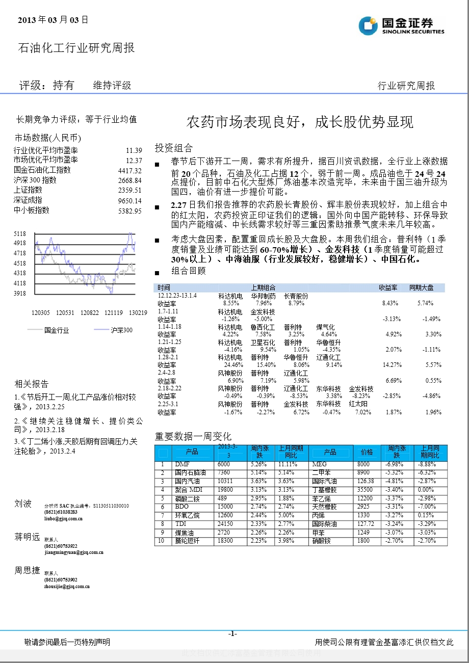 石油化工行业行业研究周报：农药市场表现良好,成长股优势显现130303.ppt_第1页