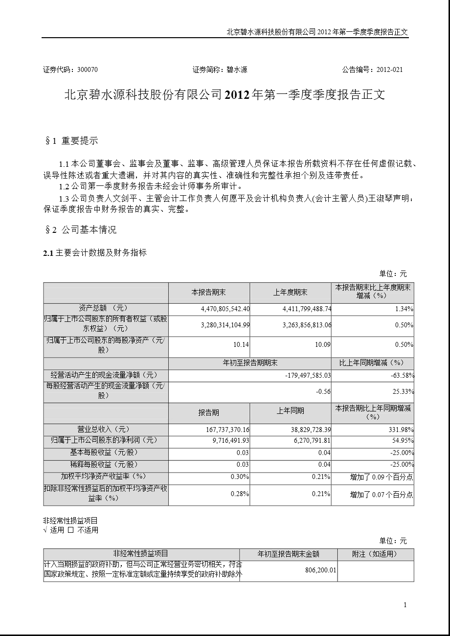 碧水源：第一季度报告正文.ppt_第1页