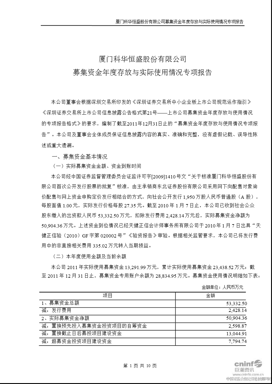 科华恒盛：募集资金存放与实际使用情况专项报告.ppt_第1页