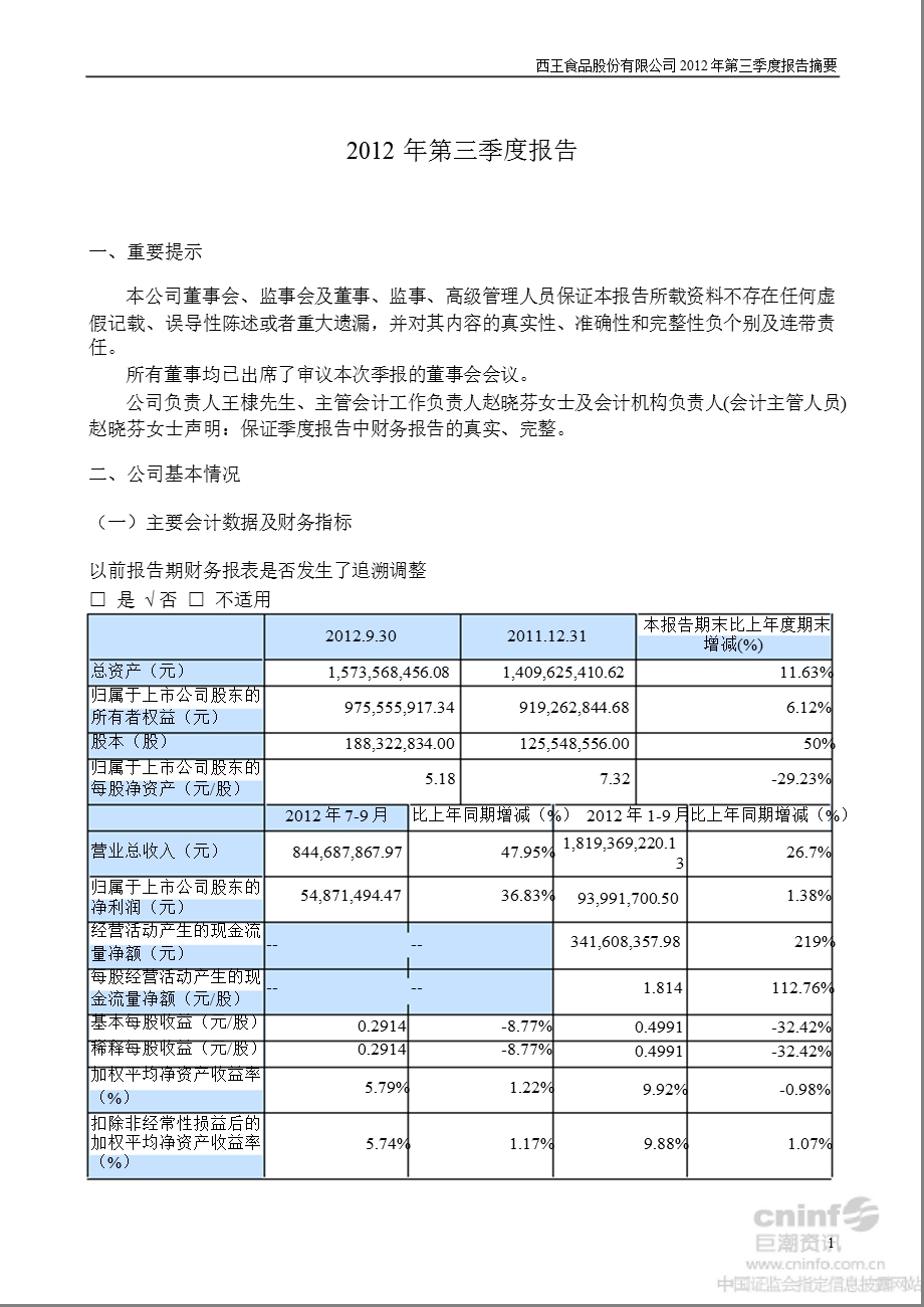 西王食品：第三季度报告正文.ppt_第1页