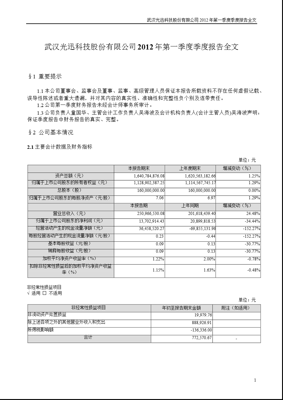 光迅科技：第一季度报告全文.ppt_第1页