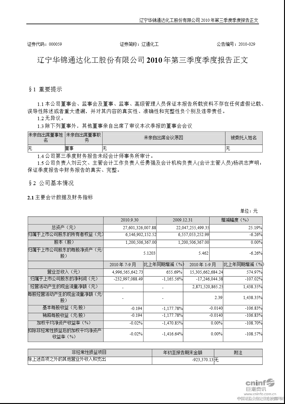 辽通化工：第三季度报告正文.ppt_第1页