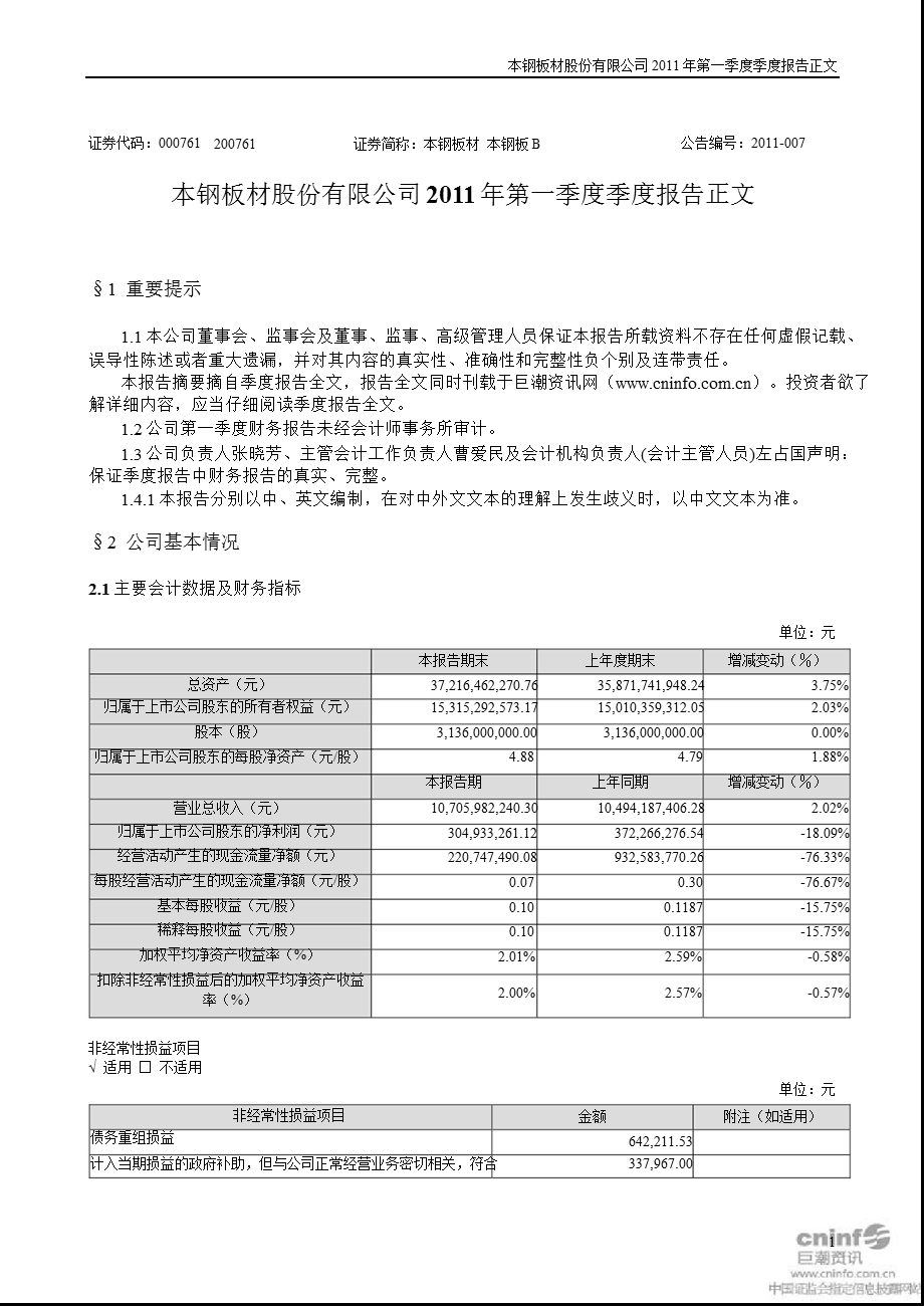 本钢板材：第一季度报告正文.ppt_第1页