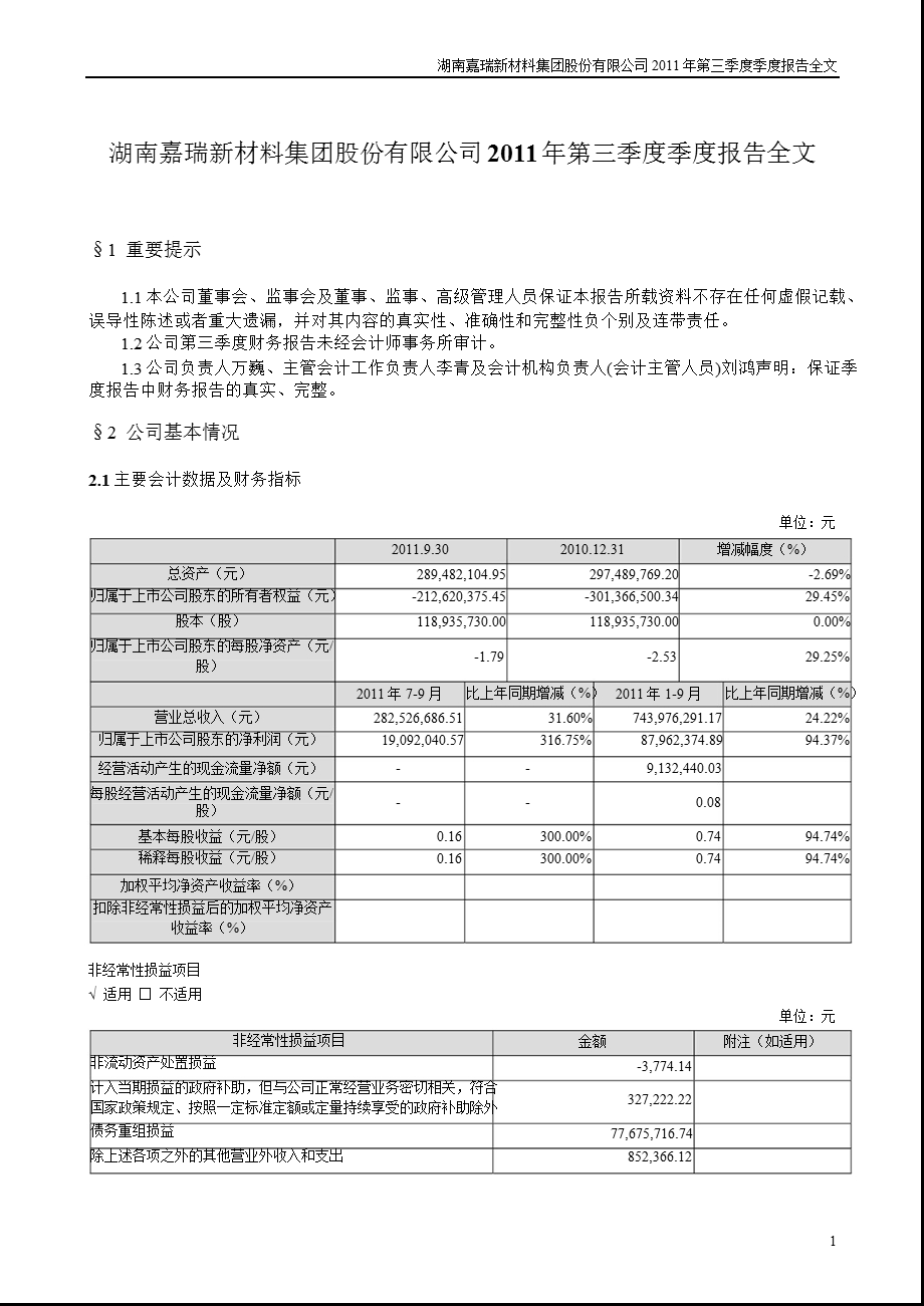 ST 嘉瑞：第三季度报告全文.ppt_第1页