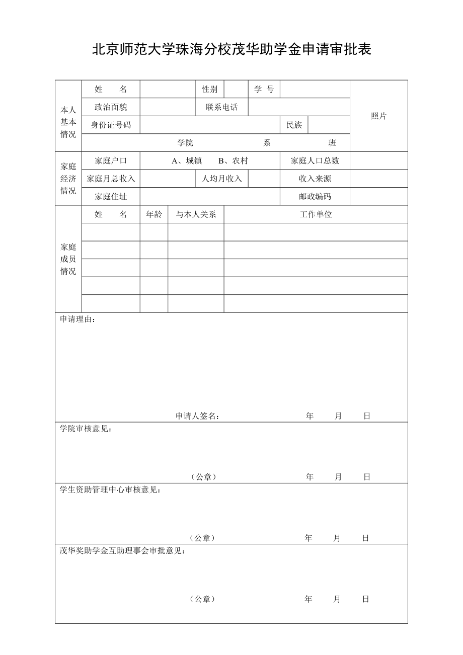 北京师范大学珠海分校茂华助学金申请审批表.doc_第1页