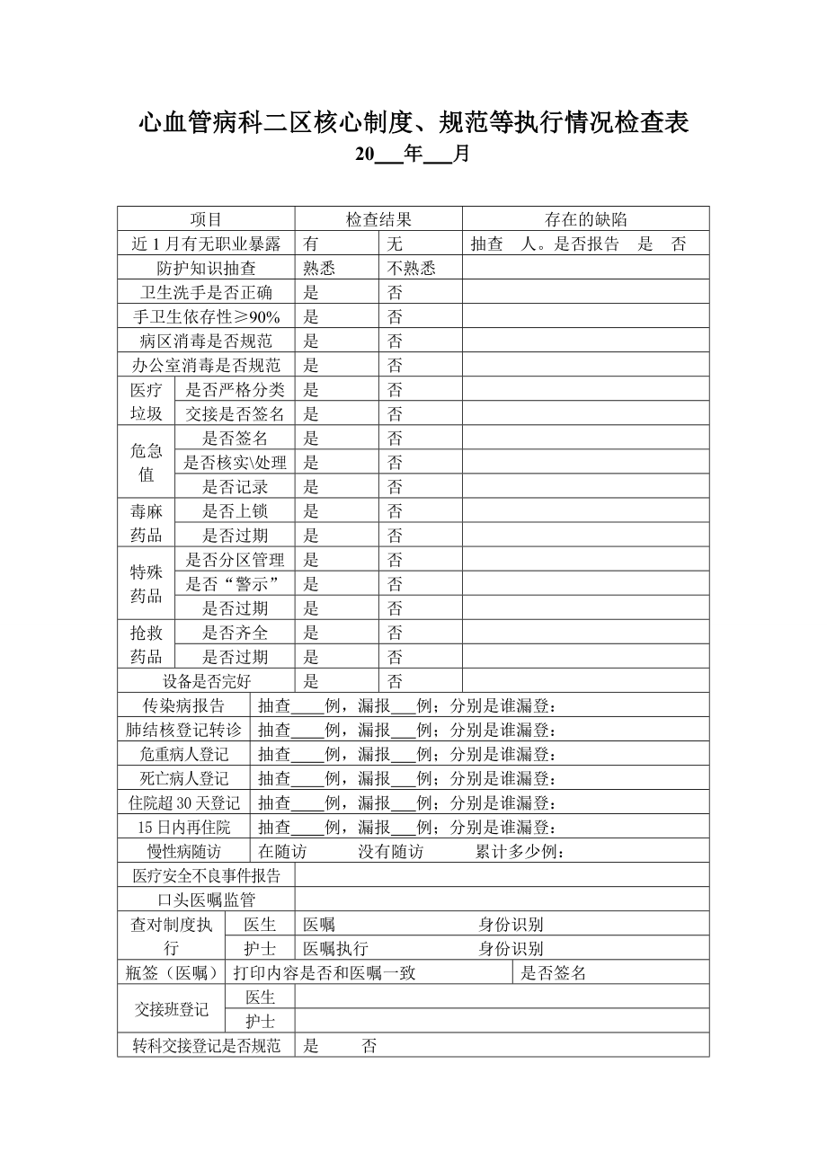 心血管病科二区核心制度、规范等执行情况检查表.doc_第1页