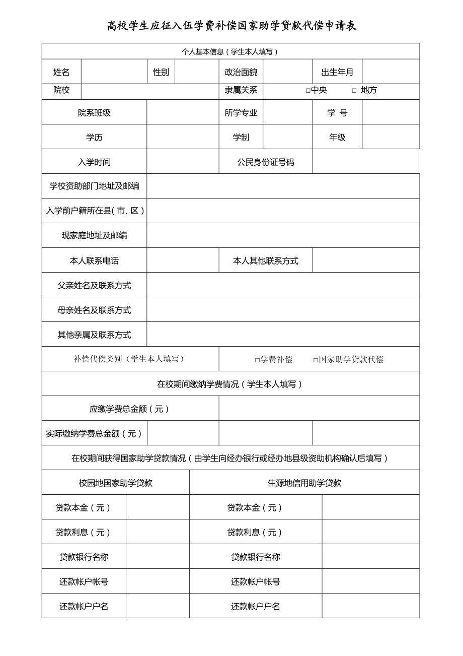 高校学生应征入伍学费补偿国家助学贷款代偿申请表.doc_第1页